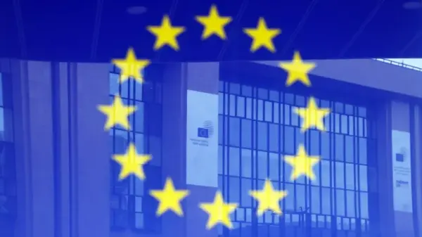 Avrupa Birliği ve MERCOSUR bayrakları önünde tokalaşan iş insanları