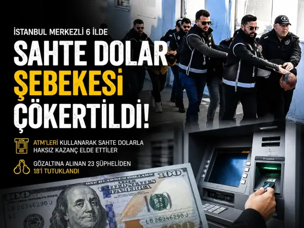 Polis ekiplerinin ATM'ler üzerinden sahte dolar vurgunu yapan şebekeye yönelik operasyonunda şüphelileri gözaltına alırken çekilmiş fotoğrafı.