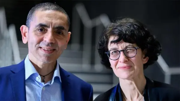 BioNTech binası ve kurucuları Uğur Şahin ile Özlem Türeci görseli