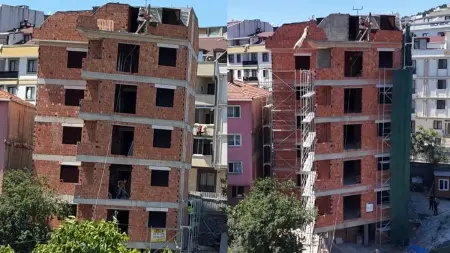 Çekmeköy'de eğri olduğu iddia edilen binanın belediye ekiplerince incelenmesi