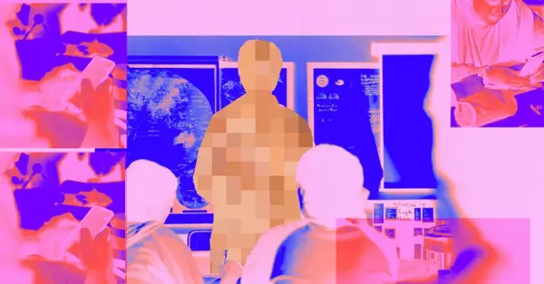 Bir öğretmenin deepfake görüntü nedeniyle yaşadığı çaresizliği gösteren gerçekçi bir fotoğraf.
