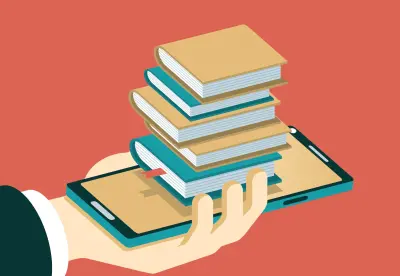 Bir kişinin tabletinde kitap okurken görüldüğü, etrafında dijital okuma uygulamalarını temsil eden arayüzlerin olduğu bir fotoğraf.