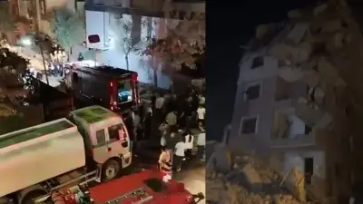Küçükçekmece'de yıkım sırasında çöken bina enkazı ve ekipler