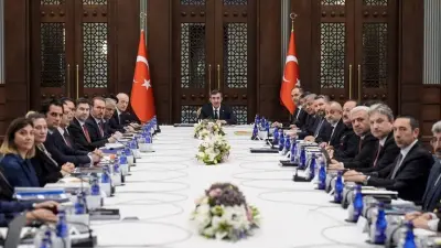 Cumhurbaşkanı Yardımcısı Cevdet Yılmaz, Türkiye Coğrafi Bilgi Sistemi Kurulu toplantısında konuşurken.