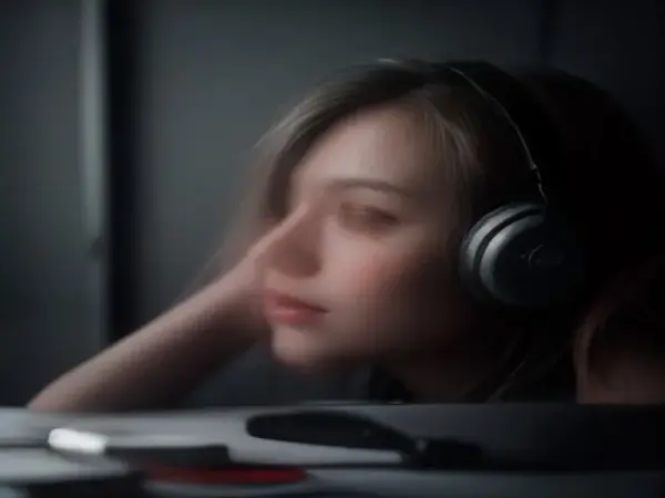 Müzik dinleyen bir kişi ve arka planda bilimsel araştırma ekipmanları