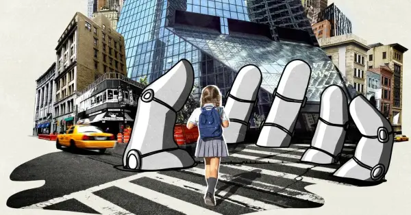 Alpha School'un New York'taki kampüsünü temsil eden, şeffaflık ve eğitim statüsü sorunlarını vurgulayan bir görsel.