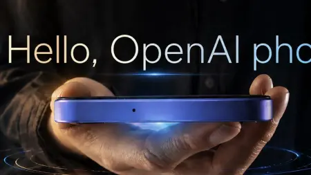 OpenAI logosu ve soyut yapay zeka temalı bir akıllı telefon görseli