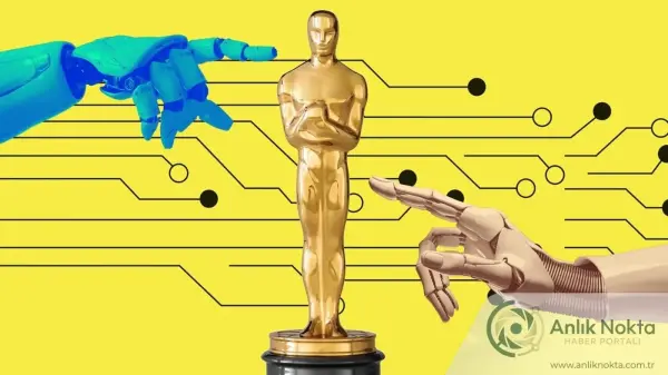 Oscar heykelciği önünde yapay zeka sembolleri, sinema ve teknoloji entegrasyonunu temsil ediyor.