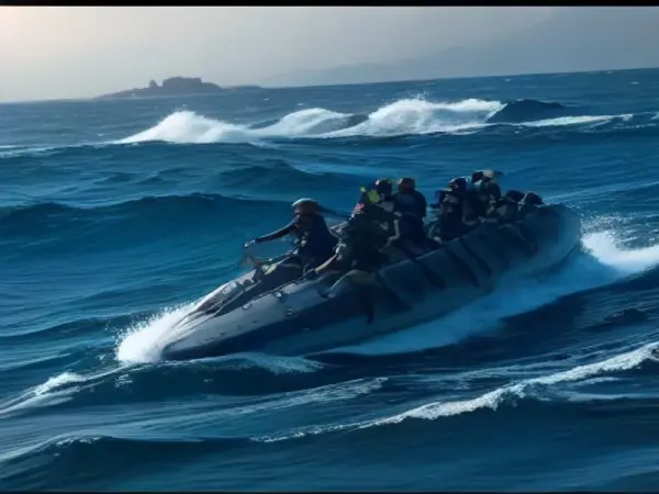 Göçmenlerin deniz yoluyla İspanya'ya geçmeye çalışırken çekilmiş gerçekçi fotoğrafı.