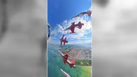 Türk Yıldızları gösteri uçuşu sırasında kokpitten çekilmiş görüntü