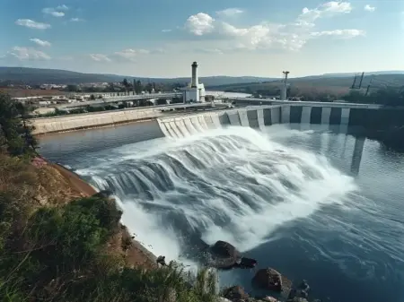 Türkiye'deki bir hidroelektrik santrali barajından akan suyun genel görünümü