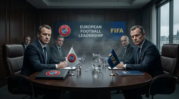 FIFA ve UEFA logoları arasındaki gerilimi gösteren görsel