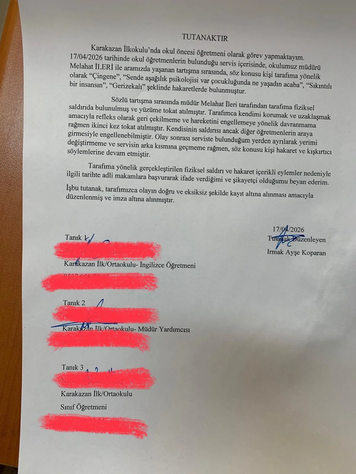 Irmak Ayşe Koparan'ın Tutanak Kaydı
